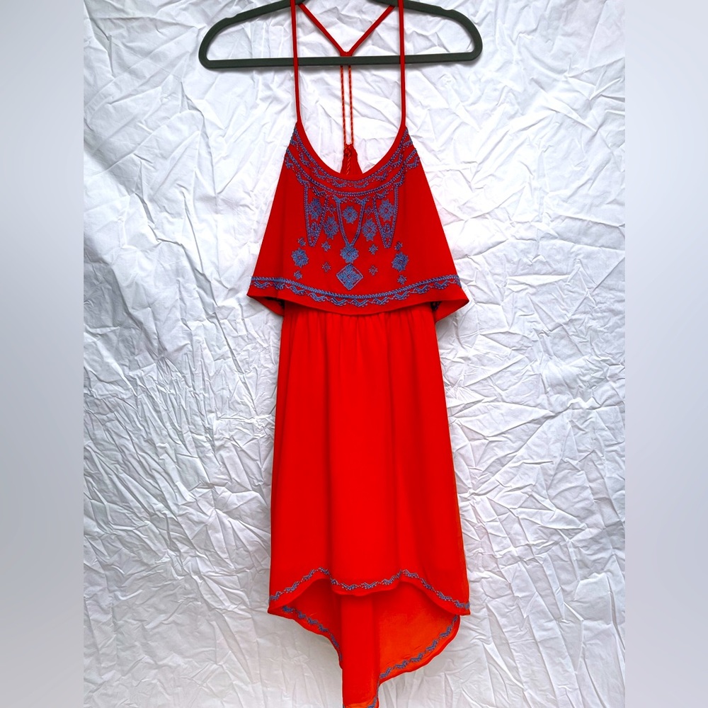Buttons Hi-Low dress. Orange dress with blue design
